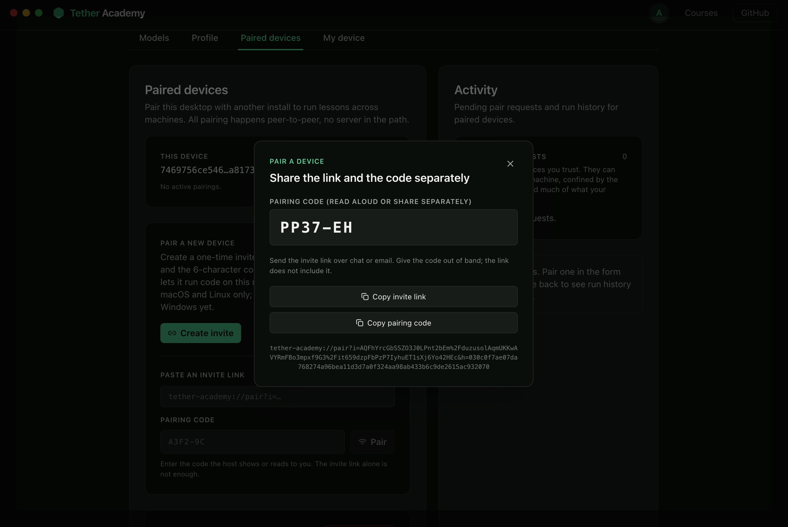 Device pairing panel in Tether Academy, showing a local DHT pairing flow with another device.
