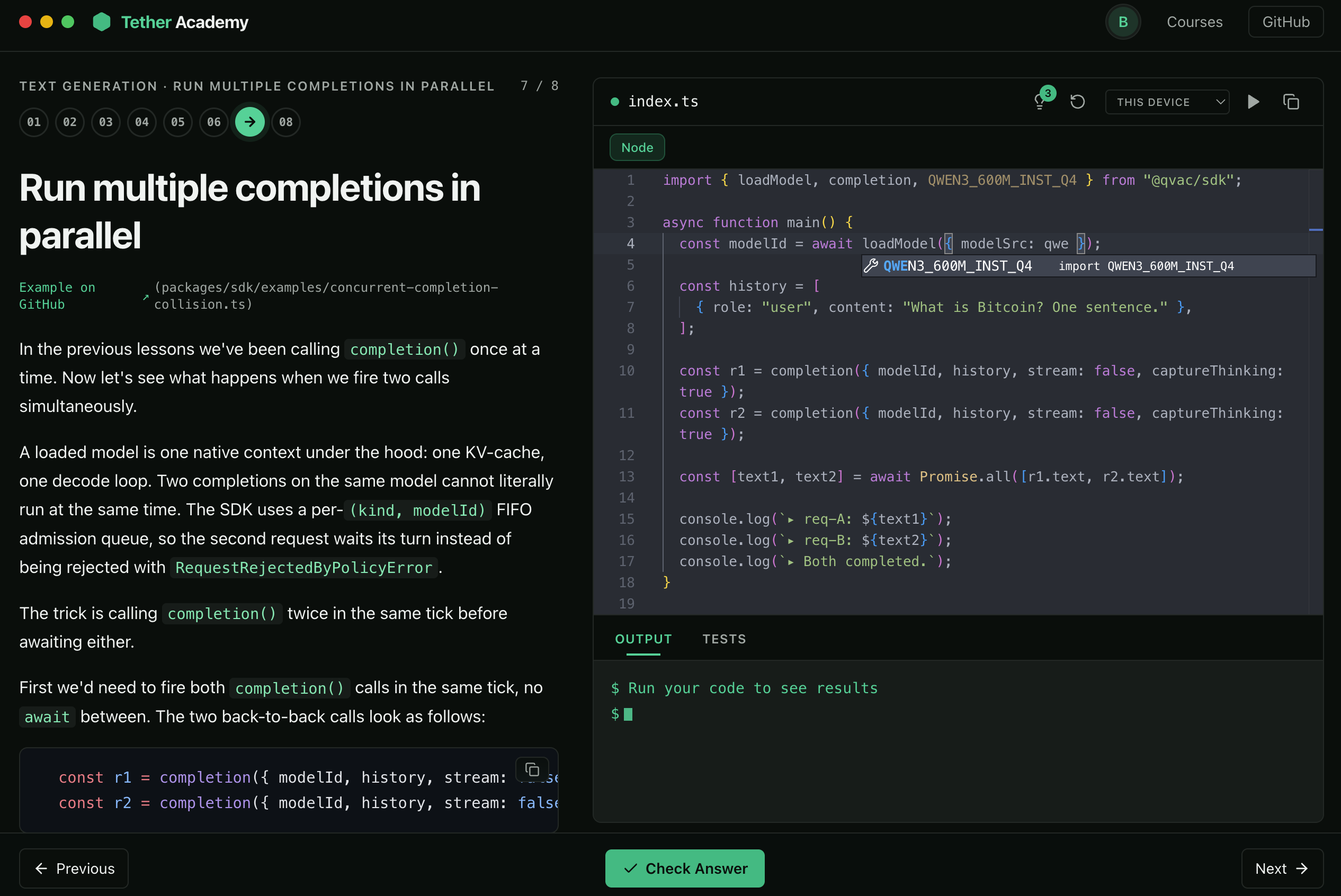 Monaco editor inside a Tether Academy lesson, showing TypeScript code with IntelliSense and inline error underlines.